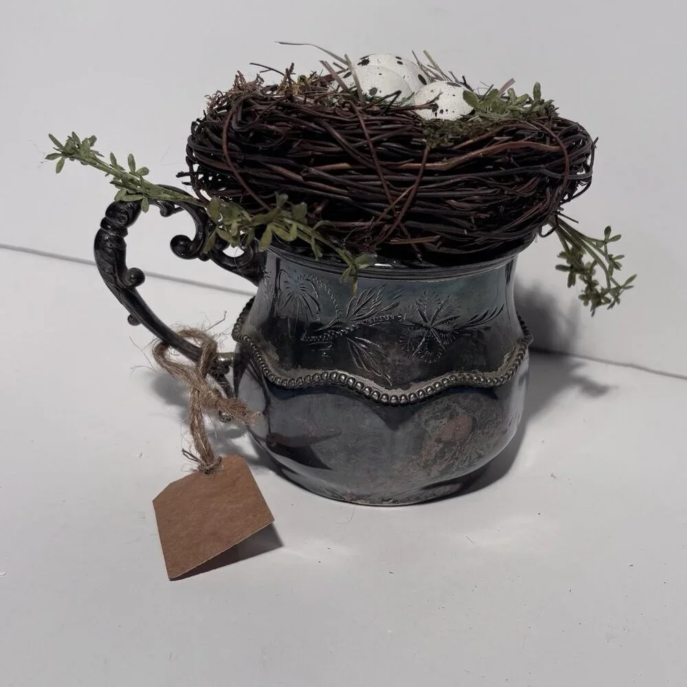 Vintage Silver Plated Creamer with Bird's Nest & Eggs